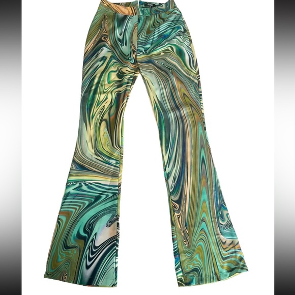 POSTER GIRL Dolls Kill High Rise Hypnosis Habits Swirl Kick Flare Rave Pants XS - Picture 1 of 16